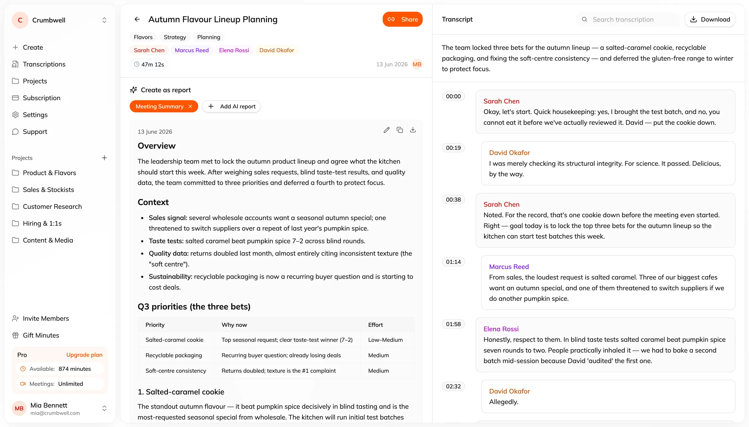 Specala AI interface for meeting transcription